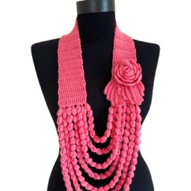 Pink Necklace Crochet Scarf with Rose, Leaves