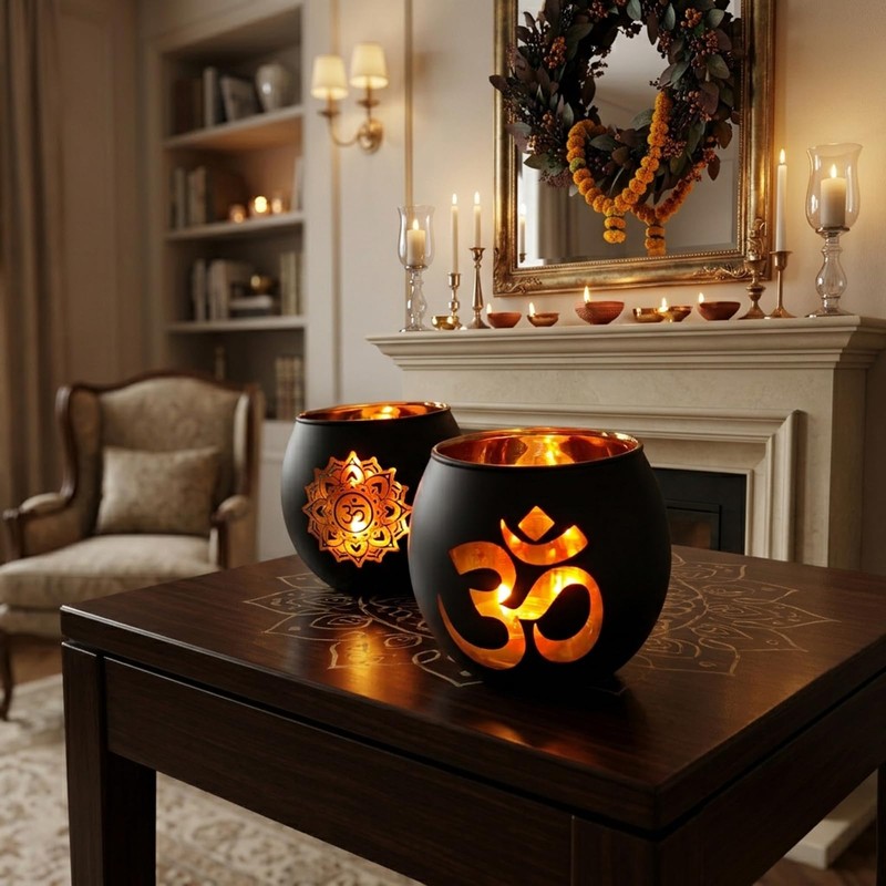 Glass Om Candle Holder Set - 2 Pcs Black Diwali