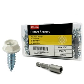 Allkeen Self-Tapping Gutter Screws White Painted Hex Head #8 x 1/2" Zinc Plated Finish, 250 Pieces, Socket Bit Included