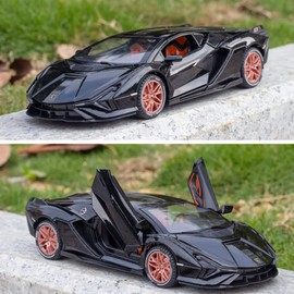 1/24 Diecast Car Toys for Kids, Zinc Alloy Lambo Sian FKP 37 Model Toy Car with Light and Sound, Pull Back Vehicles Toy Car for Toddlers Boys Girls Birthday Gift (Black)