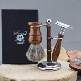 Haryali London Shaving Kit - 3 Pc Wooden Shaving Kit - Double Edge Safety Razor - Super Badger Shaving Brush - Shaving Stand from Wood and Stainless Steel - Sustainable Shaving Set as a Gift Set