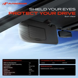 A-Premium Driver Left Side Sun Visor Compatible with Honda Civic 2009 2010 2011 - Without Vanity Light, with Vanity Mirror, Beige Color - Replaces 83280SNAA01ZF, 83280-SNAA0-1ZF