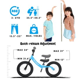 14 Inch Balance Bike for Kids 3-6 Year Old, Bike with No Pedals, Air Rubber Tires, Adjustable Height, Foot Rest, Pedalless Bicycle Boys, Girls (White)