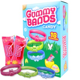 Gummy Bands Candy Bracelets, Individually Wrapped for Easter Egg Fillers and Parties, 18 Pouches