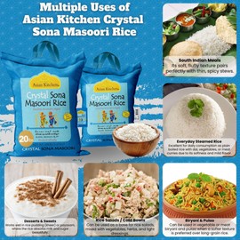 Asian Kitchen Crystal Sona Masoori Aged Rice 20-Pound Bag, 20lbs (9.08kg) Short Grain Rice ~ All Natural | Gluten Friendly | Vegan | Indian Origin | Export Quality