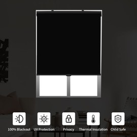 Cordless 100% Blackout Roller Window Shades, Wireless Window Blinds with Spring Systerm, Thermal Insulated, UV Protection Waterproof Fabric, Blinds for Home and Office (Black - 24" W x 72" H)