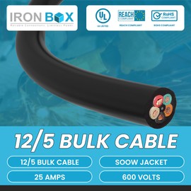 IronBox Electric - 12/5 Bulk Cable - SOOW Jacket - 12 Gauge,5 Wire - Rated for 600V,25A - Water & Oil Resistant Cable for Indoor/Outdoor Use - Ideal for Generators, Circuits & Data Centers (25 feet)