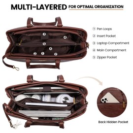 LOVEVOOK Laptop Bag, 15.6 Inch Womens Vegan Leather Computer Briefcase, Professional Office Work Tote, Waterproof Laptop Purse, Dark Brown