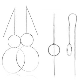 Silvershake 2 Pair Set White Gold Plated 925 Sterling Silver 2 Dangling Hoop Threader Earrings