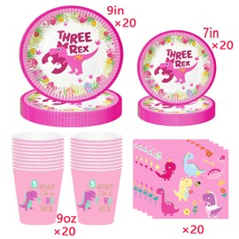 Pink Dinosaur 3rd Birthday Party Supplies 3 rex Birthday Decorations for girl include 40pcs Dinosaur Paper Plates,20pcs Cups,20pcs Napkins Dinosaur Birthday Decorations
