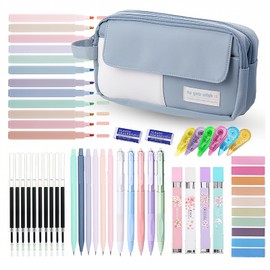 Large Capacity Pencil Pouch 42 Pieces with Aesthetic Supplies, 12 Highlighters, 5 Black Ink Gel Pens, 6 Mechanical Pencils, 0.5mm & 0.7mm Sticky Notes Student Stationery Set (Blue 2)