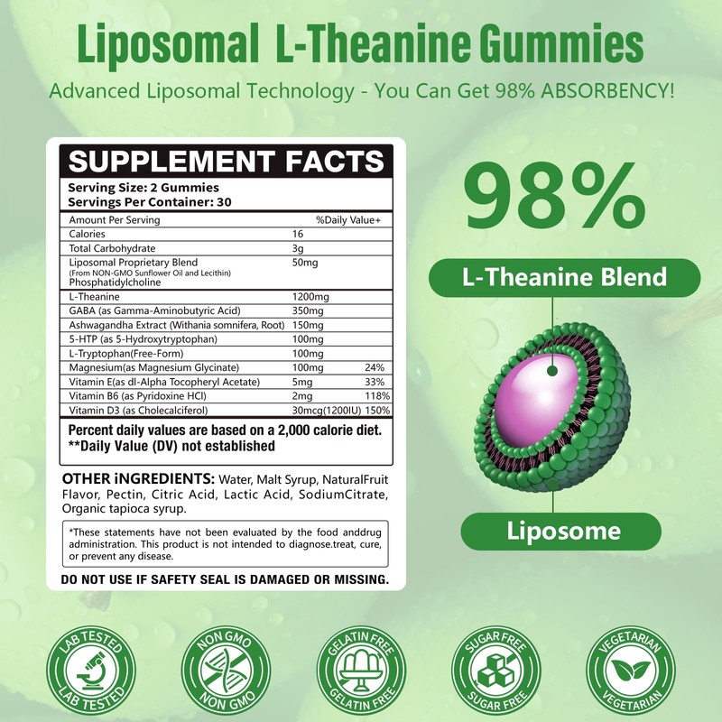 Oakevlp Liposomal L-Theanine 1200mg Gummies,Complex Magnesium GABA,5-HTP,Ashwagandha etc for Calm,