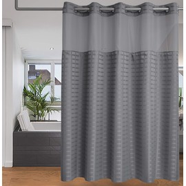 Conbo Mio Hotel Style Fabric Shower Curtain No Hooks Needed with Snap in Liner for Bathroom Machine Washable Repellent Shower Curtain(Check Gray Grey,71" (W) x 74"(H))