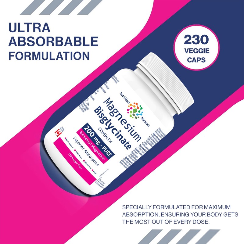 Nutrimed Naturals Magnesium Bisglycinate 200mg - 230 Caps for Muscle