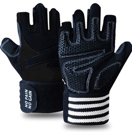 FINGER TEN Weight Lifting Gloves for Men Work Out Gym Half Finger Gloves with Wrist Wraps Support, Anti-Slip Grip Gloves for Exercise Weightlifting Hanging Rowing Biking Training (Half-Black, Medium)