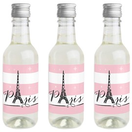 Big Dot of Happiness Paris, Ooh La La - Mini Wine and Champagne Bottle Label Stickers - Baby Shower or Birthday Party Favor Gift for Women and Men - Set of 16