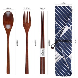 4 Piece Japanese Tableware Set in a Cloth Bag Japanese Style with 1 Fork, 1 Spoon and 1 Chopstick, Outdoor Travel Tableware, Tableware Bag, Suitable for School, Picnics and Camping