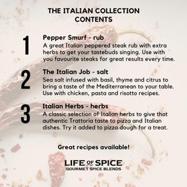 Life of Spice The Italian Collection | Spice Rub, Flavoured Salt and Herb Blend | 133g | 3 Unique Recipe Cards | Brilliant for Trattoria style Pasta, Pizza and Mediterranean dishes | Great Gift Idea