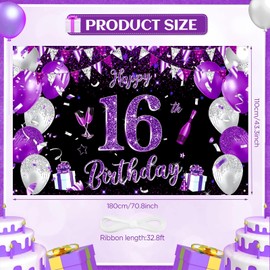 Purple 16th Birthday Decoration Banner for Girls Large Black Purple Silver Happy 16th Birthday Banner 16 Years Old Background for 16 Bday Anniversary Party Supplies