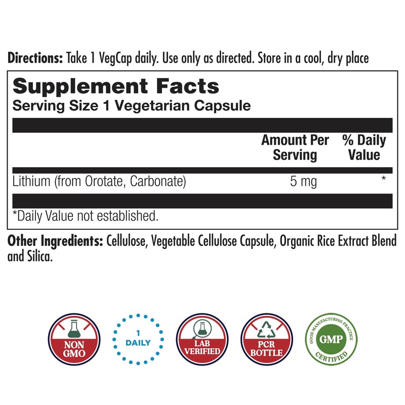 KAL Lithium Orotate 5mg, Low Dose Lithium Supplement for General
