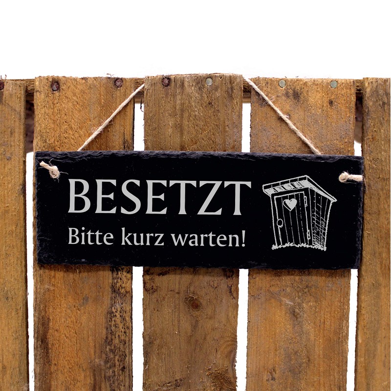 Engraved Slate Sign with German Text "Besetzt, Bitte kurz warten