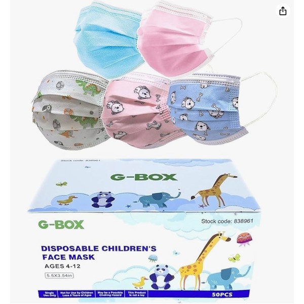 G-BOX 3-Ply Kids Face Masks, Childrens Face Masks Disposable, 3-Layer, Cute Cartoon Patterns(50-pcs) (Fun Pack)