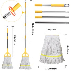 Commercial Mop with Extra Head Replacement, 63Inch Handle Heavy Duty Industrial Mop Looped-End String Wet Mops for Floor Cleaning for Warehouse, Workshop, Garage,Office, Home(2 White-Yellow Mops Head)