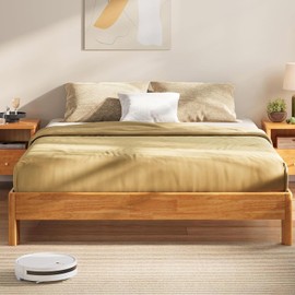 LINSY Wood Bed Frame Full Platform Bed, Retractable Bedframe with Solid Wood Slat Bases, Full-Size Wooden Platform Bed Frames Full Size, Boho Bed Frame No Headboard, No Box Spring Needed