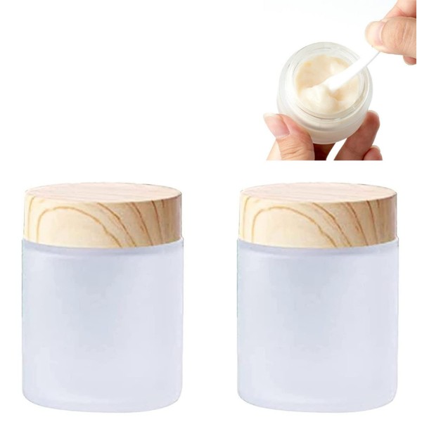 Sxminer 2 PCS 100g/3.4oz Empty Glass Jars Frosted Glass Cream Jar Bottle Travel Cosmetic Containers Empty Sample Jar Pot Wood Grain Lid Refillable Cream Box for Makeup Lip Scrub Balm Face Cream Lotion