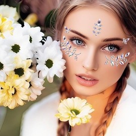 Face Gems Stickers Women Diamond Forehead Sticker White Rhinestones Pearl Flowers Butterfly Decoration Birthday Festival Party Self-Adhesive DIY Body Art Decals 6 Sheets