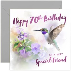 Hummingbird 70th Birthday Card for Special Friend - Female Friend Birthday Cards Age 70 - Beautiful Elegant Artwork of Humming Bird in Purple Flowers - Birthday Gifts for Women