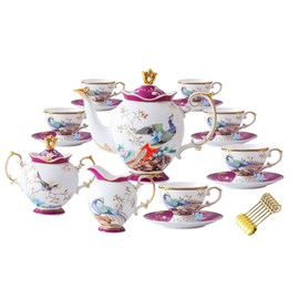 ACMLIFE Bone China Tea Set - Floral Fine China Tea Set Fuchsia Bone China Coffee Tea Set for 6 Vintage English Tea Sets for Adult 21-Piece with Teapot for Women