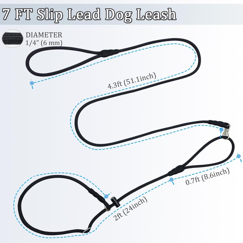 WYuZe Double Handle Slip Lead for Dogs Small, 7 FT
