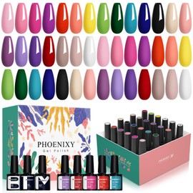 PHOENIXY 24 PCS Gel Nail Polish, Fall Colors Gel Nail Polish Set Nail Polish Set with Base Glossy Matte Top Coat Black Purple Red Nail Kit Gifts for Women (PCB9028)