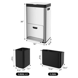 ExploreHorizon 14.8 Gal/56L Kitchen Trash Can, 3 Compartments Stainless Steel Pedal Recycling Bin with Removable Buckets, Button-Open Lid & Wheels, Classified Garbage Bin for Home