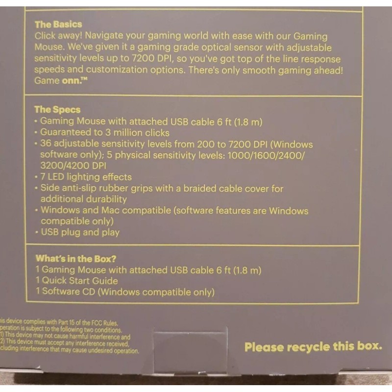 onn Gaming Mouse with Attached USB Cable LED Lighting Effects