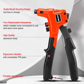 HAUTMEC 4-in-1 Rivet Gun,8" One-Handed Riveter with 4 Tool-Free Interchangeable Rivet Heads HT0087-UK