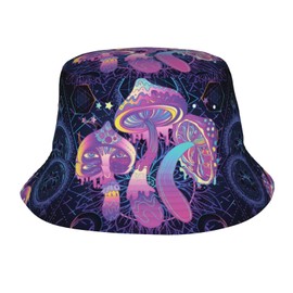 Bright Psychedelic Magic Glowing Mushrooms 60s Hippie Hallucination Hippie Boho Bucket Hat for Men Women Printed Fisherman Hat Packable Sun Cap Travel Outdoor Beach Caps