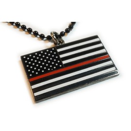 Thin Red Line Fallen Firefighter US Flag Charm Pendant Necklace with Ball Chain