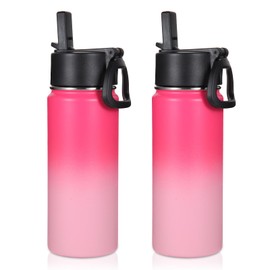 Volhoply 16 OZ Kids Water Bottle Bulk 2 Pack,Insulated Sports Bottles with Straw Lid,Stainless Steel Bottle with Handle Keep Cold & Hot,Double Wall Vacuum Thermo Cups for School,Girls(Peach,Set of 2)
