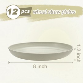 HEYCOME 12 Pcs Unbreakable Deep Dessert Plates Set, 8 inch Reusable Plastic Wheat Straw Plates, Microwave and Dishwasher Safe Plate for Kitchen, Lightweight Plate for Dessert, BPA Free, Beige