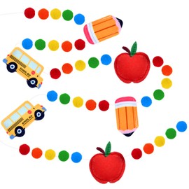 Back to School Felt Ball Garland – Colorful Pom Pom Classroom Banner with School Bus, Apple and Pencil Decorations for Classroom Wall, Bulletin Board and First Day of School Party Supplies