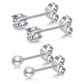 LUCKMORA Small Pearl Earrings for Women 925 Sterling Silver Genuine 3mm Tiny Pearl Studs Earrings Mini Freshwater Cultured White Real Round Pearls (3mm pearls & CZ)