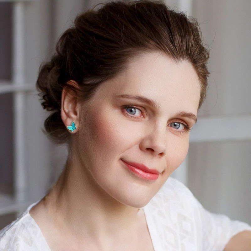 Handmade Small Sparkly Butterfly Stud Earrings for Women (Aqua Blue