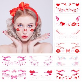 10 Sheets Valentine's Day Makeup Temporary Face Tattoo Sticker Heart Lips Kiss Women Face Body Art Decals Wedding Party Decorations Supplies