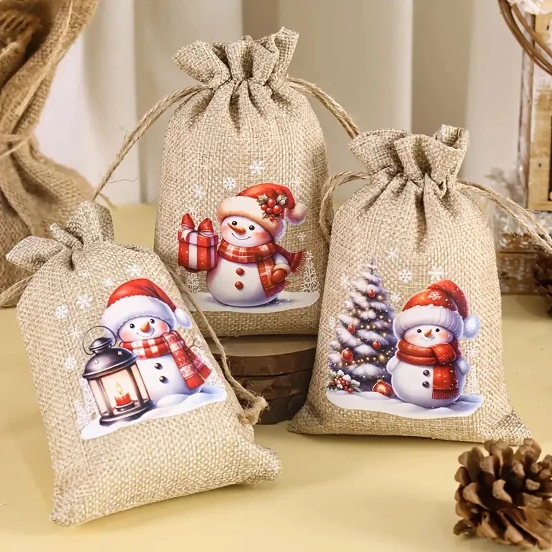 6pcs Reusable Christmas Snowman Gift Bags with Red Hat &