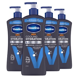 Vaseline Men Cooling Hydration 3-in-1 4 Pack for Dry Skin Face, Hands & Body Lotion for Men with Menthol & Ultra-Hydrating Lipids 20.3 oz