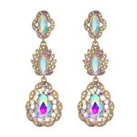EVER FAITH Bride Wedding Jewelry Austrian Crystal Art Deco Marquise Leaf Teardrop Dangle Earrings for Prom Iridescent Clear AB Gold-Tone