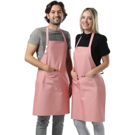 TOSHE Kitchen Apron Waterdrop Resistant Cotton Apron with adjustable Aprons for Women with Pockets Cooking Apron (2 Pack - Powder Pink)