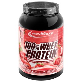 IronMaxx 100% Whey Protein Pulver - Erdbeer 900g Dose | zuckerreduziertes, wasserlösliches Eiweißpulver aus Molkenprotein | viele verschiedene Geschmacksrichtungen